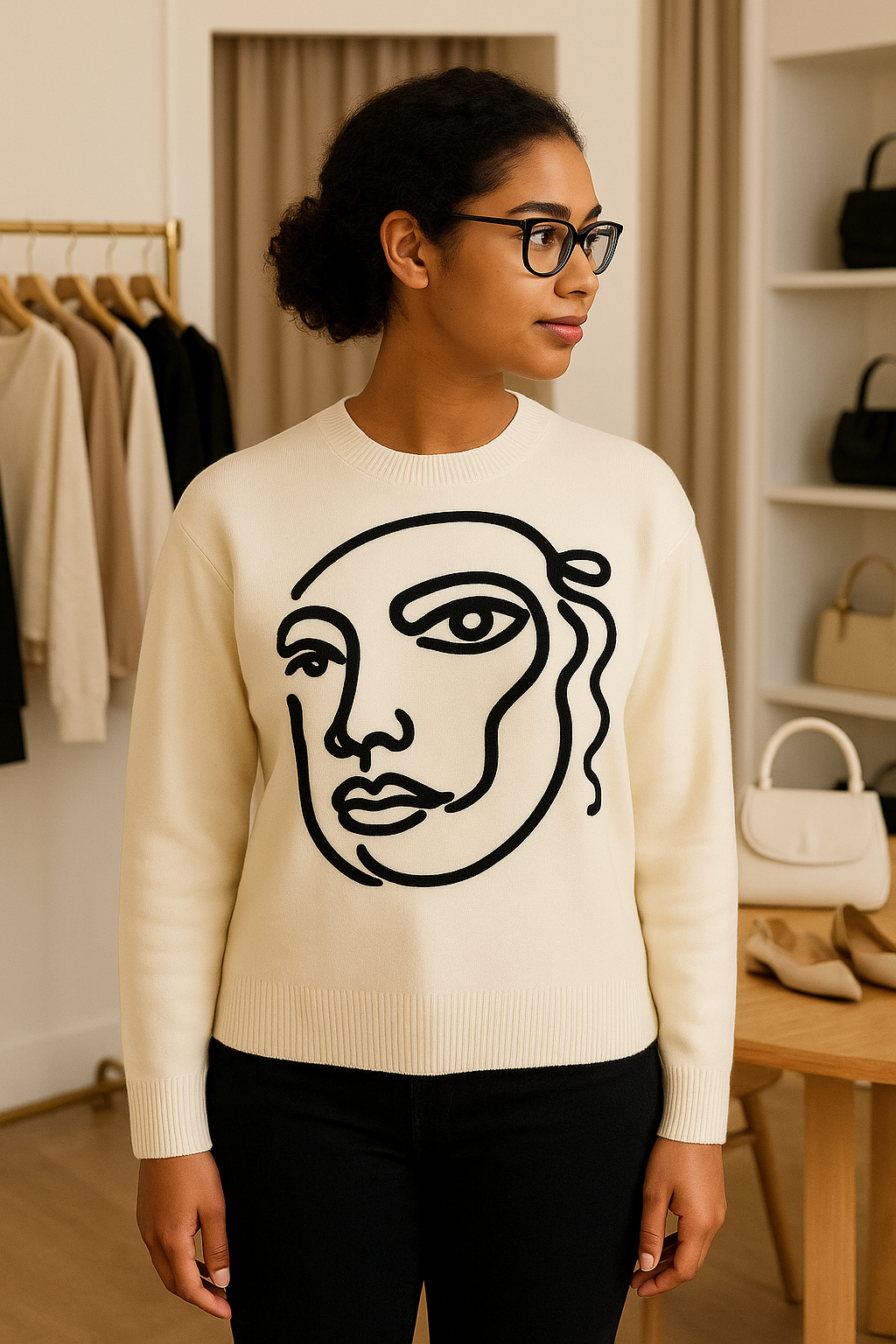 Woman wearing cream Graphic Jumper with bold black artistic face sketch, crew neckline, and ribbed cuffs in casual indoor setting