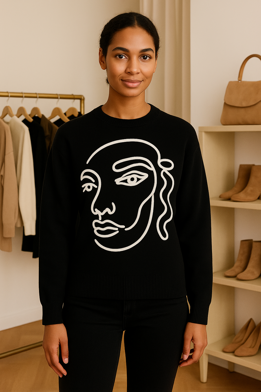 Women's black graphic jumper with bold white artistic face sketch print, crew neckline, ribbed cuffs and hem, relaxed fit.