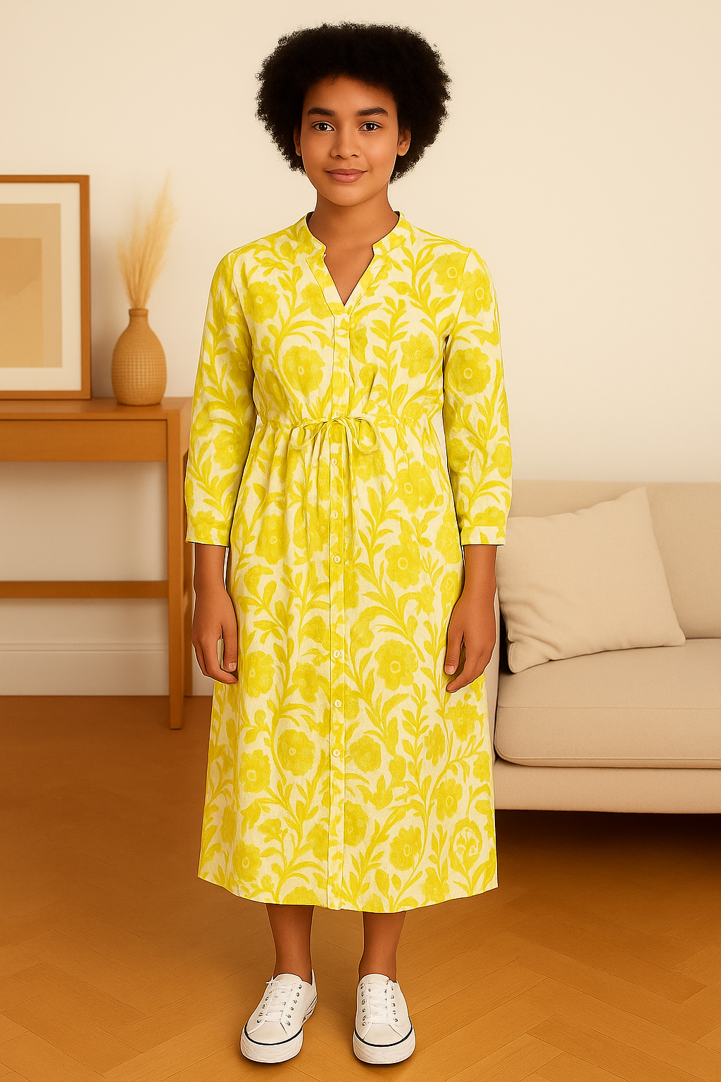 woman wearing yellow floral Italian maxi dress with long sleeves and white sneakers standing in living room