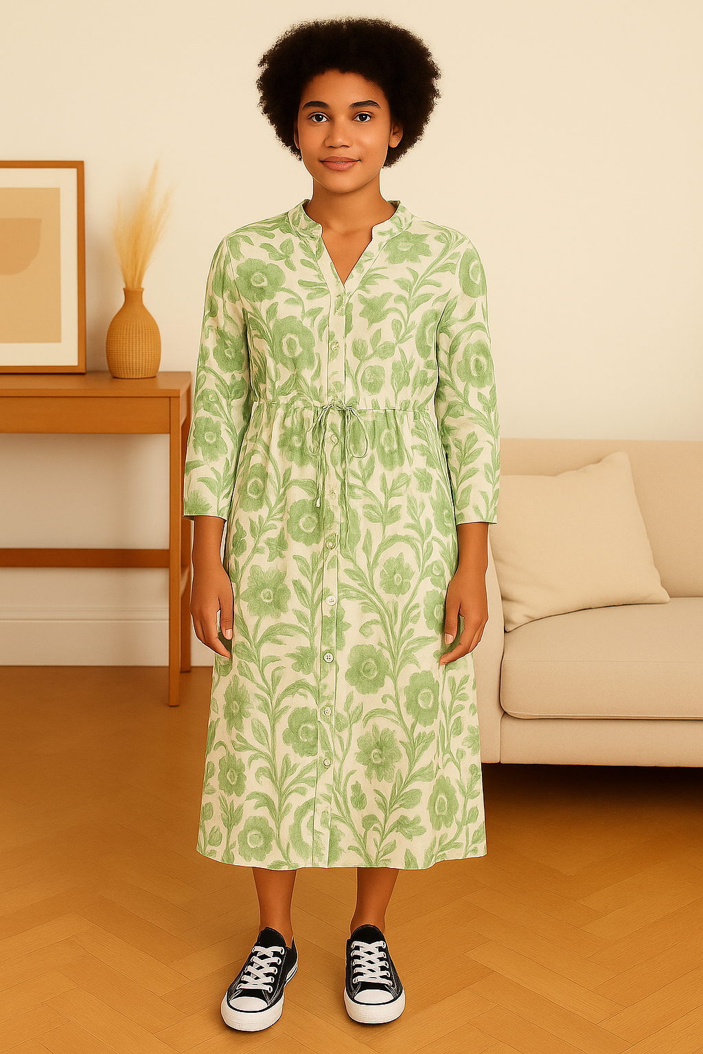 Italian Maxi Dress with green floral print, lightweight viscose fabric, three-quarter sleeves, and relaxed fit on model in indoor setting.