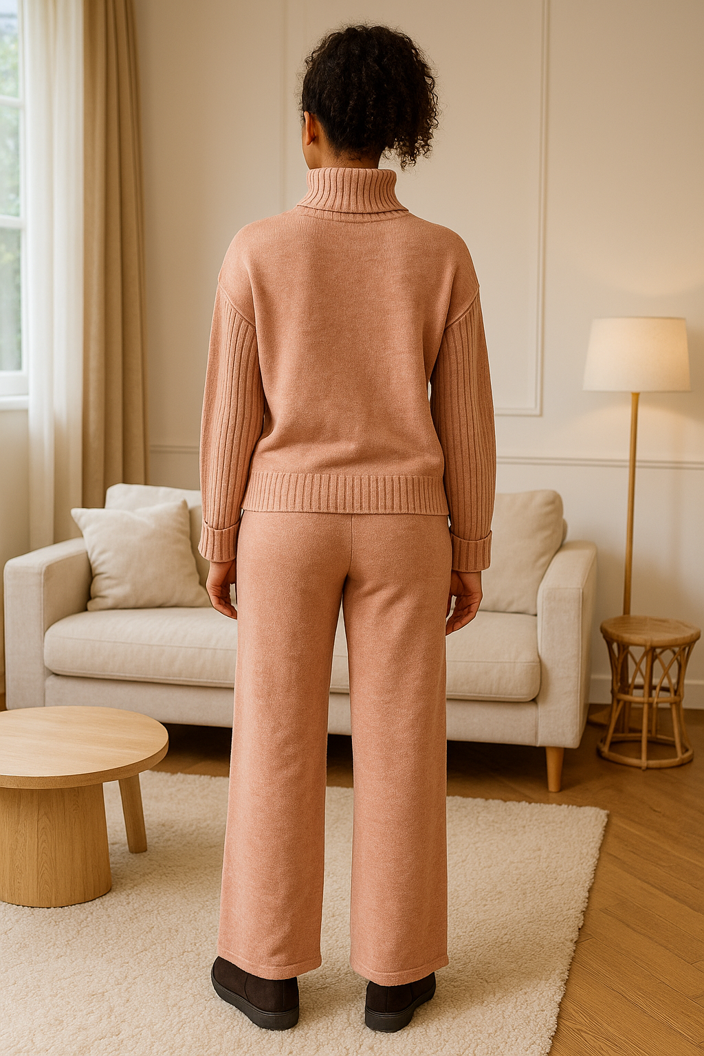 Woman wearing a soft pink knitted co-ord set with a turtleneck sweater and matching trousers in a cozy living room.