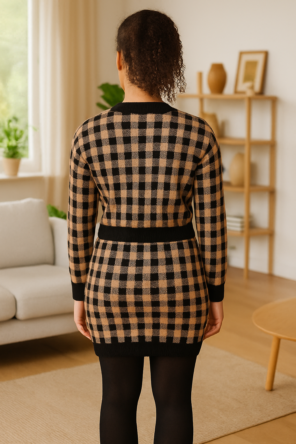 Woman wearing a black and brown checkered two piece jumper and skirt coord set in a cozy living room