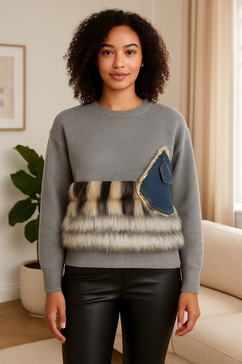 Woman wearing grey Fur Denim Pocket Jumper with fur-trimmed denim pocket and black leather pants indoors