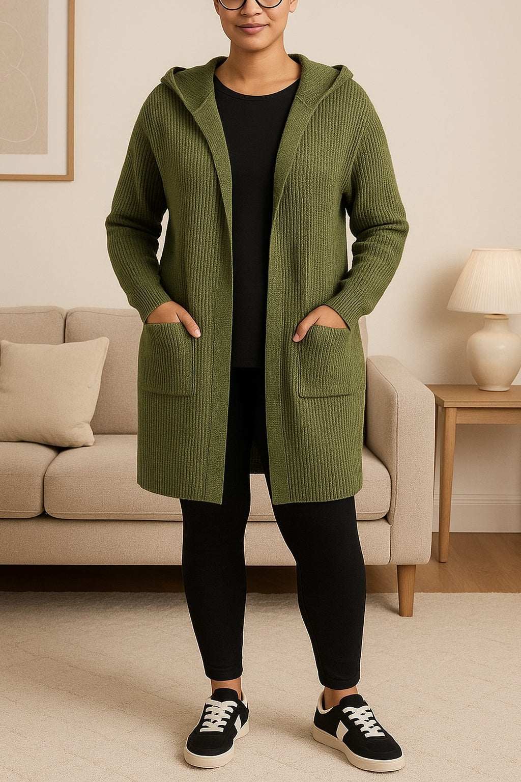 Hailey Hooded Long Cardigan in olive green with longline fit, front pockets, and relaxed hooded design worn over black top and leggings