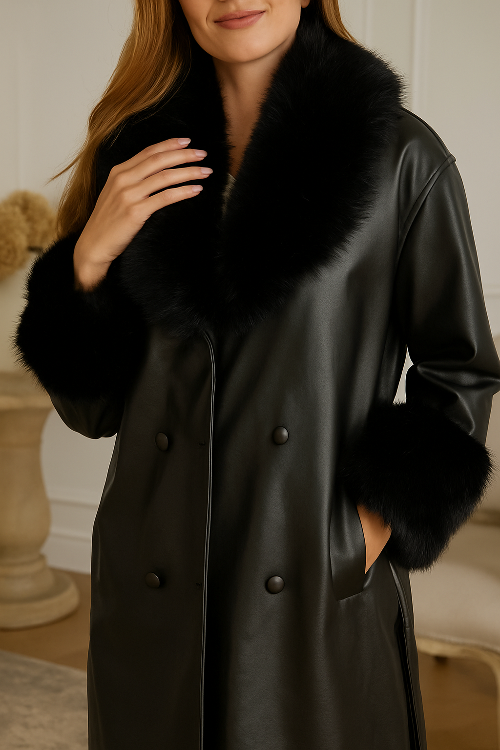 Ivory Luxe Black PU Leather Coat with Faux Fur Collar & Cuffs – Women’s Long Belted Winter Coat