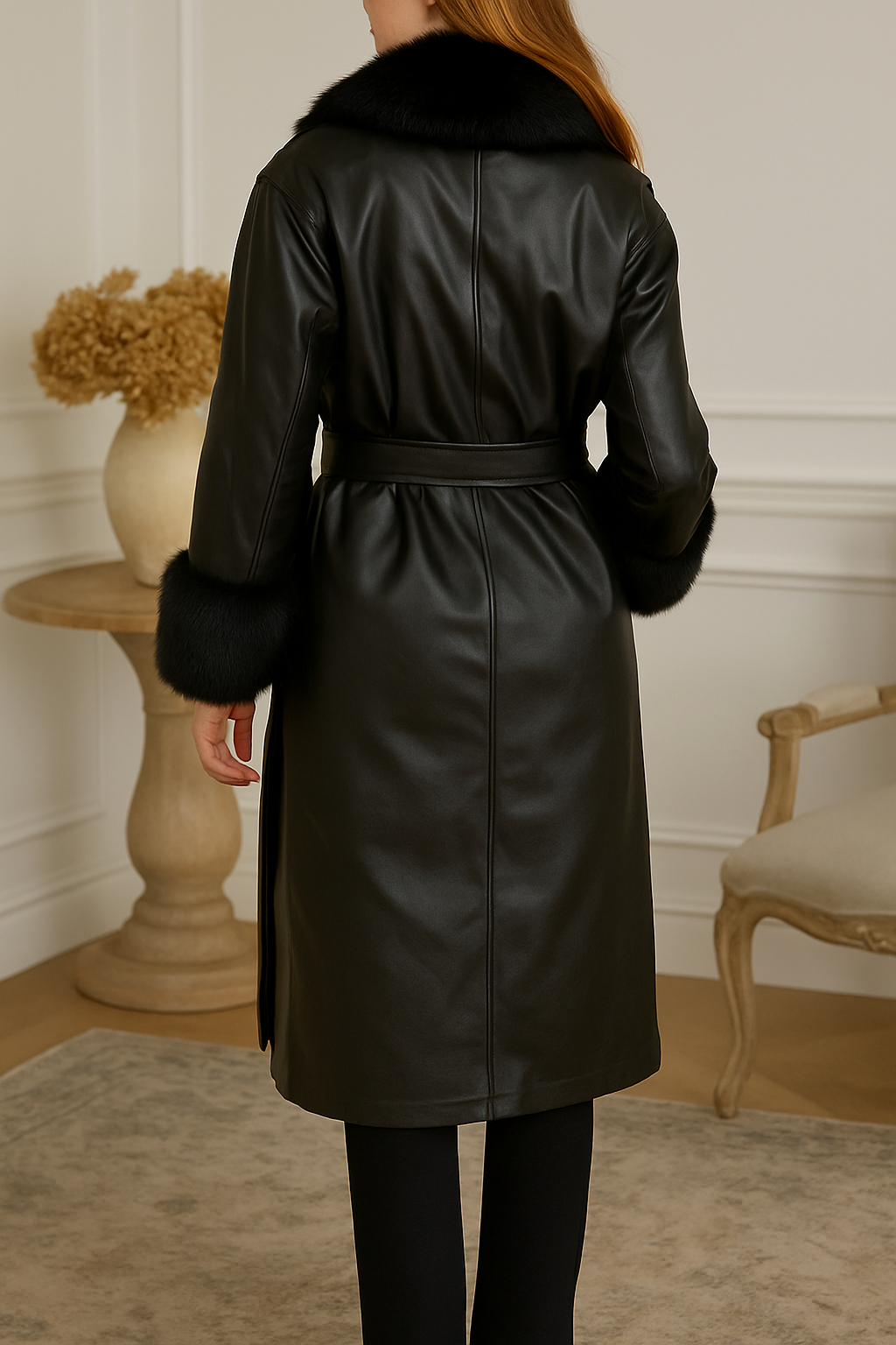 Ivory Luxe Black PU Leather Coat with Faux Fur Collar & Cuffs – Women’s Long Belted Winter Coat