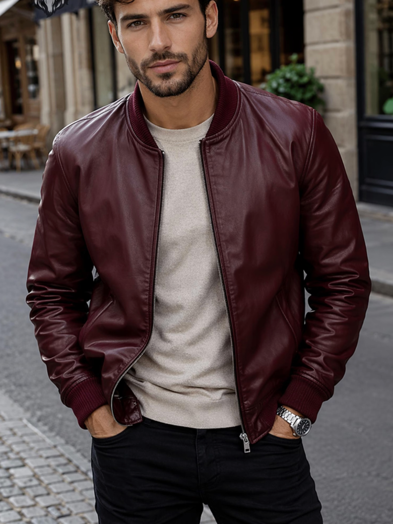 Men's Leather Bomber Jacket – Ribbed Collar, Zip Front & Minimalist Design