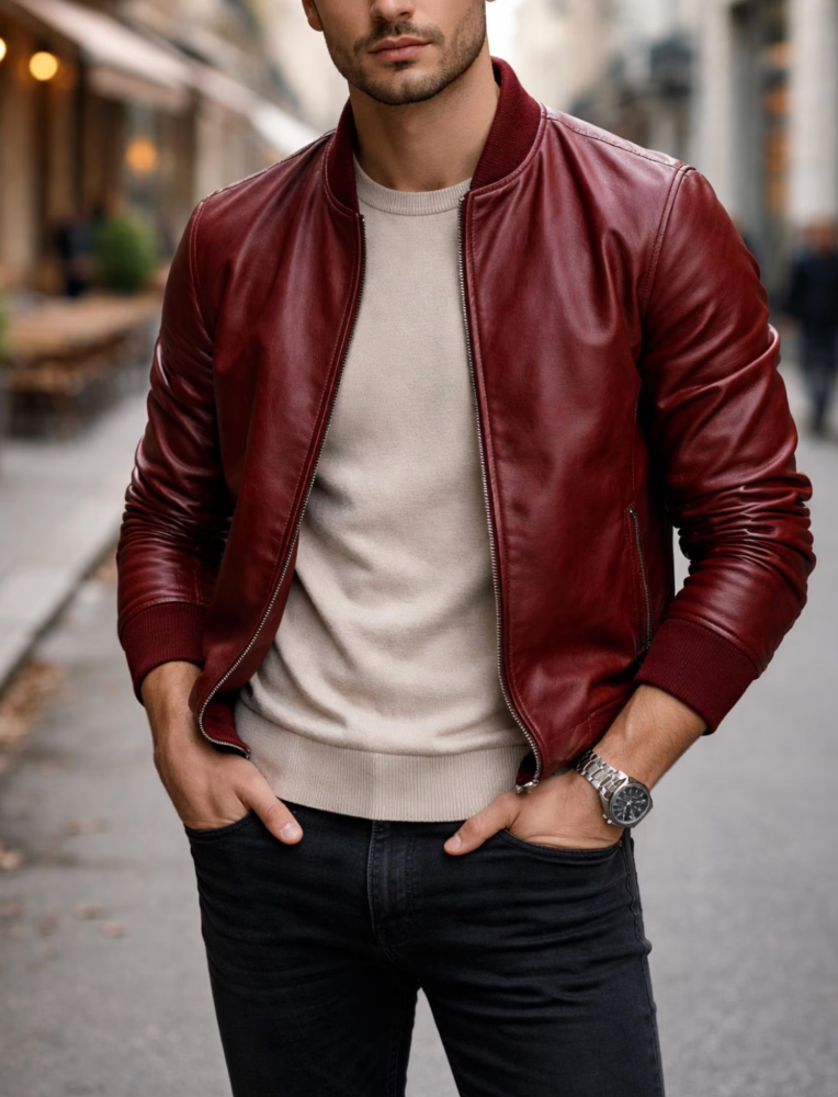 Men's Leather Bomber Jacket – Ribbed Collar, Zip Front & Minimalist Design