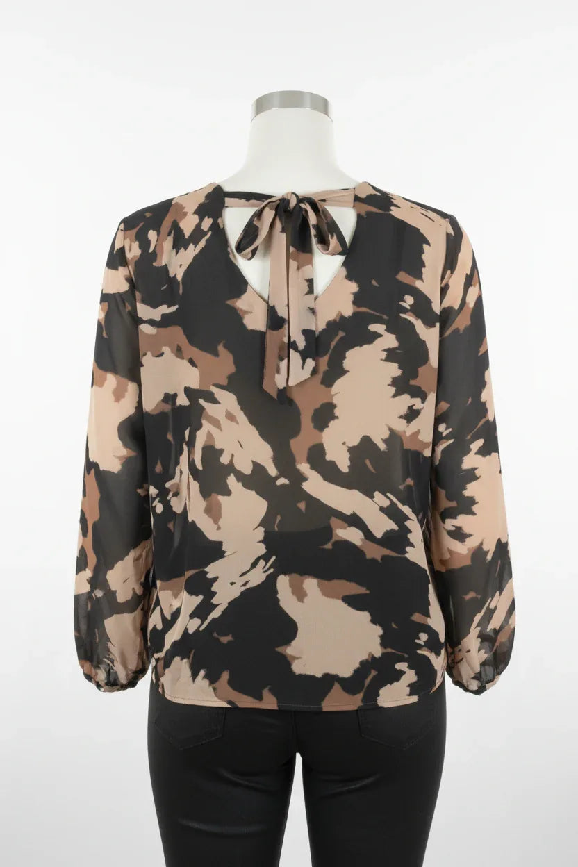 Abstract Print Long Sleeve Top | Women's Casual Blouse - Ivory Luxe