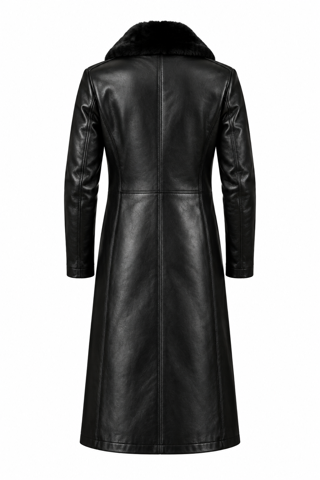 Back view of below-knee black leather coat