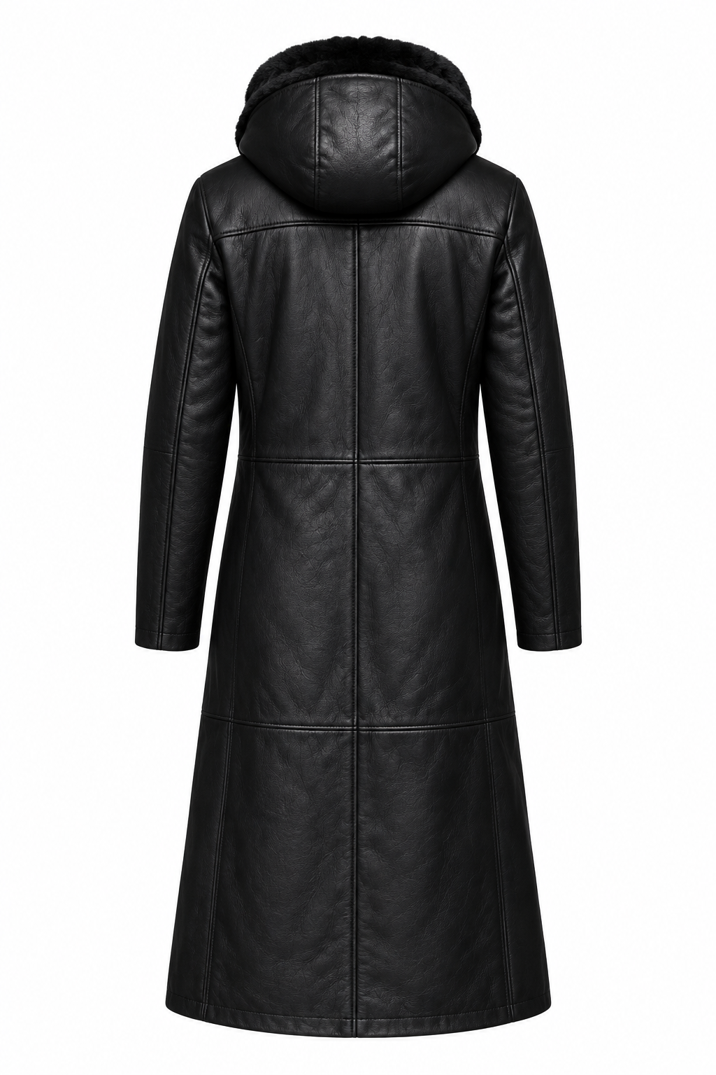 Back view of black hooded leather coat