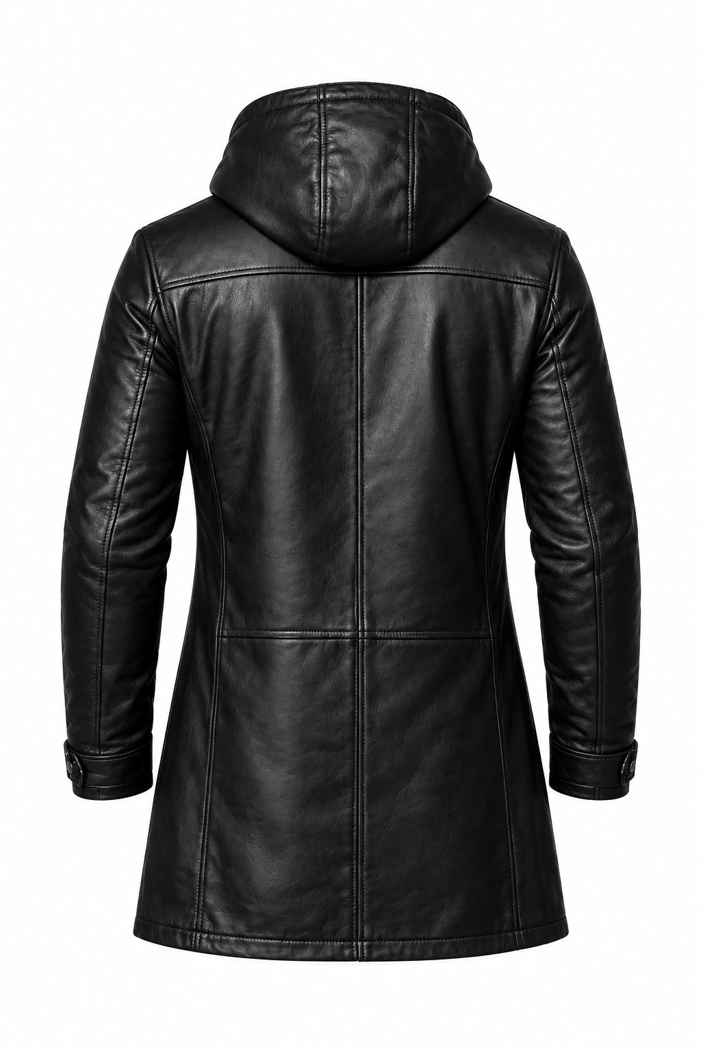 Back view of black real leather hooded coat