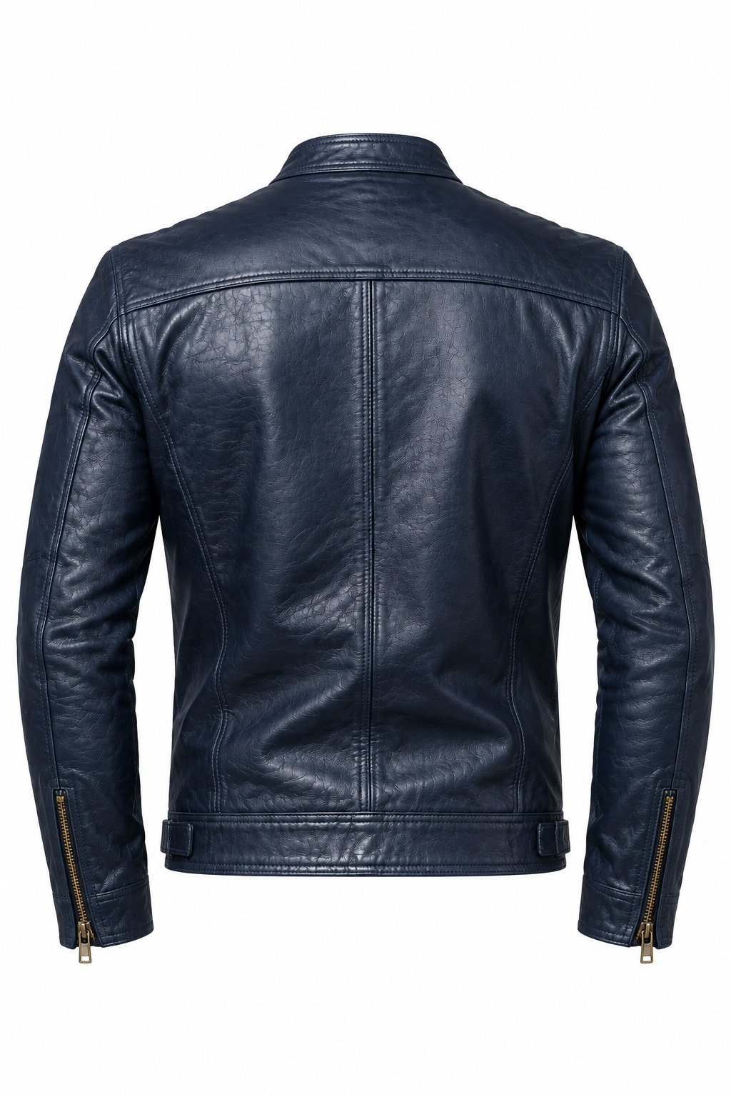 Back view of dark navy leather biker jacket