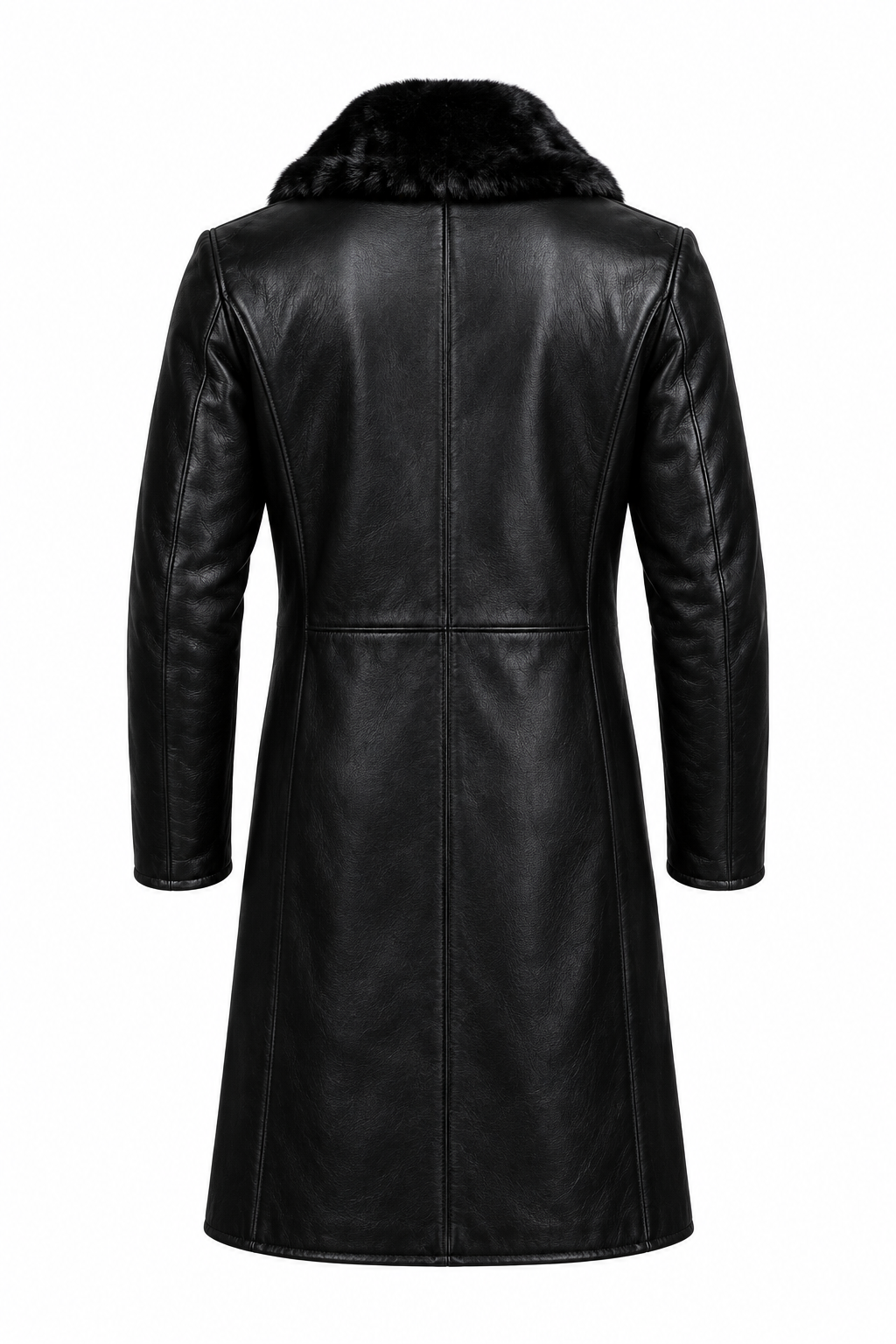 Back view of long black leather coat