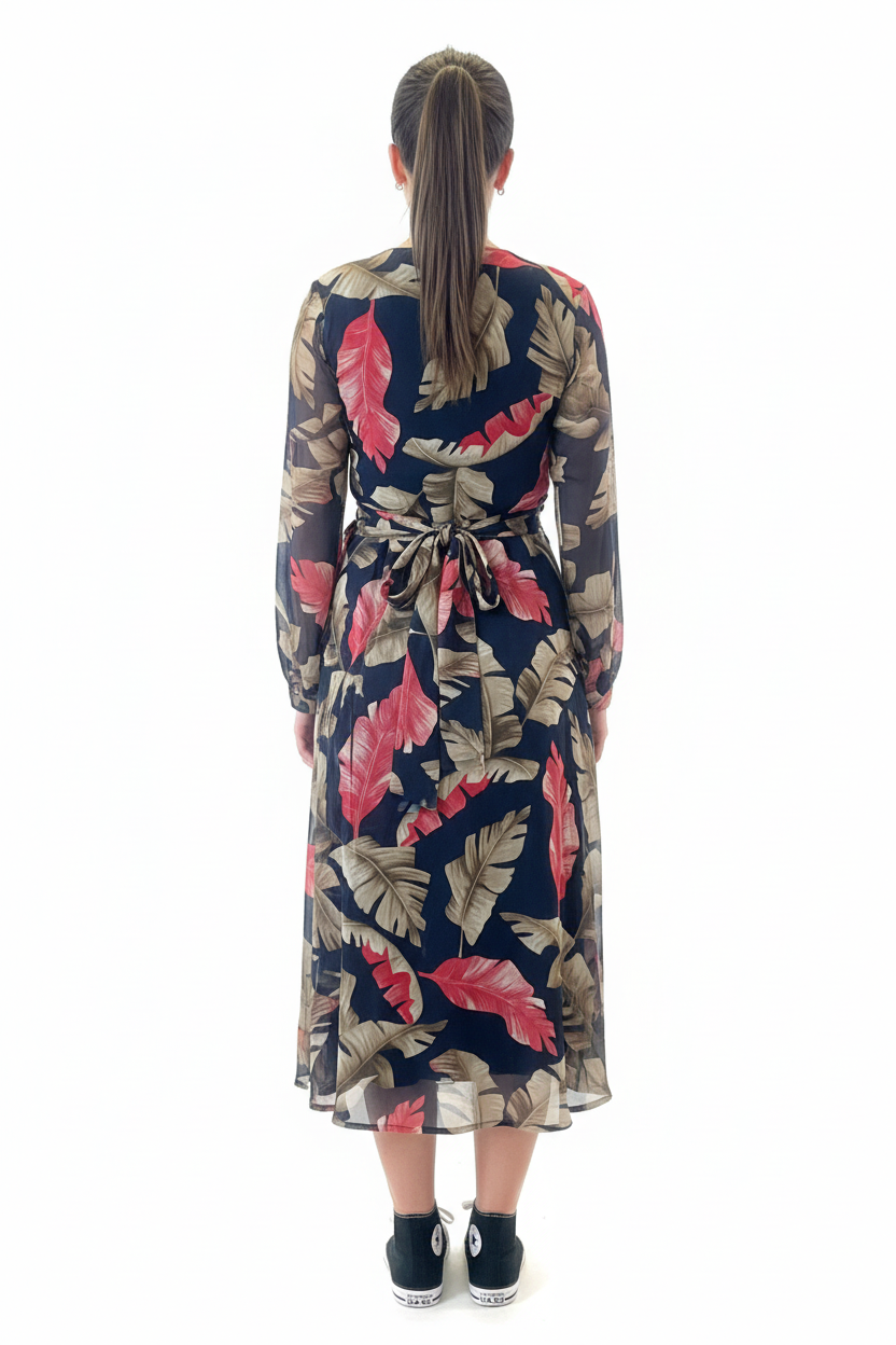 Back view - tropical leaf print maxi dress