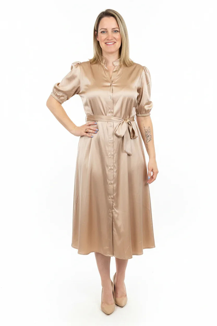 Cotton Puff Sleeve Midi Dress with Belt - One Size UK 8-14 - Ivory Luxe