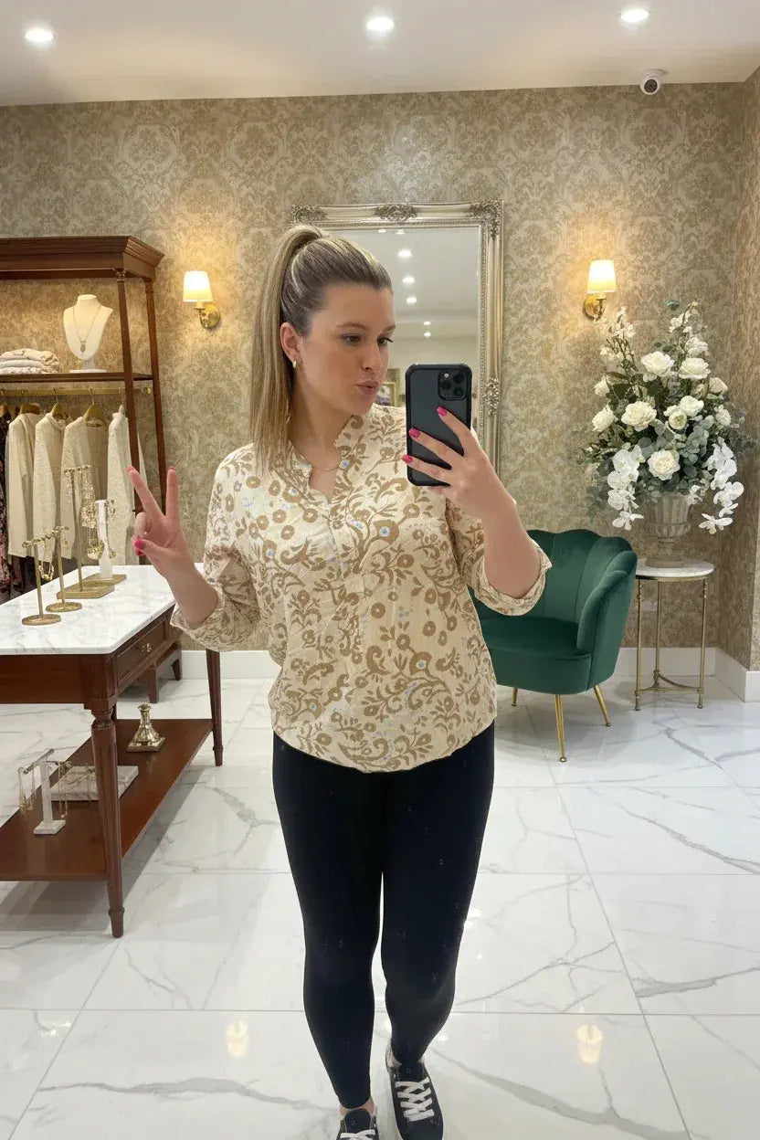 Italian Luxury Floral Print Blouse | Designer Shirt - Ivory Luxe