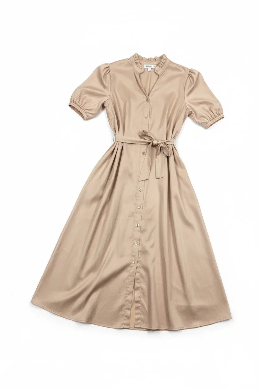 Cotton Puff Sleeve Midi Dress with Belt - One Size UK 8-14 - Ivory Luxe