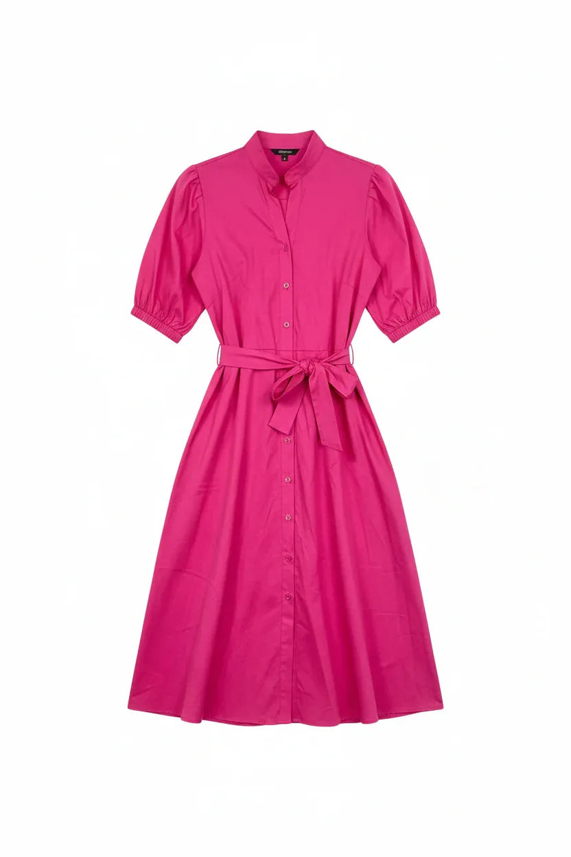 Cotton Puff Sleeve Midi Dress with Belt - One Size UK 8-14 - Ivory Luxe