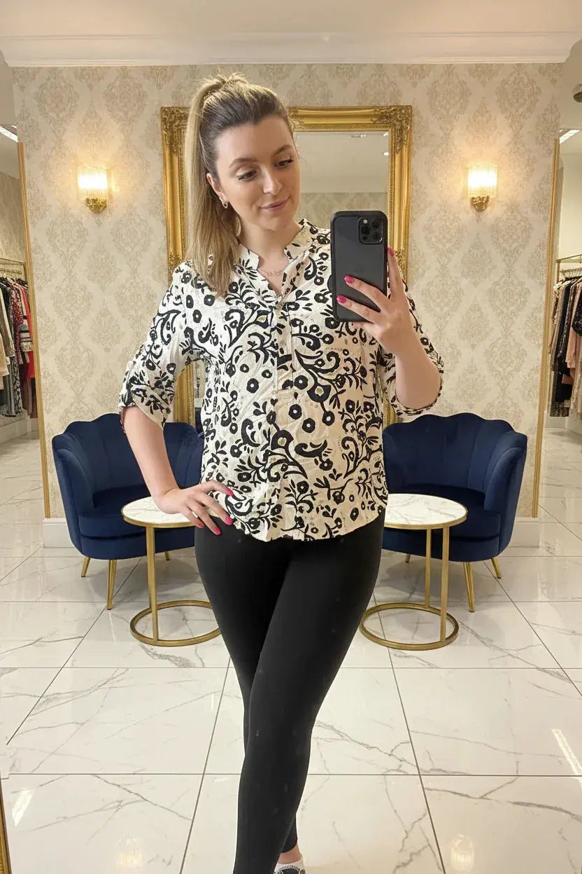 Italian Luxury Floral Print Blouse | Designer Shirt - Ivory Luxe