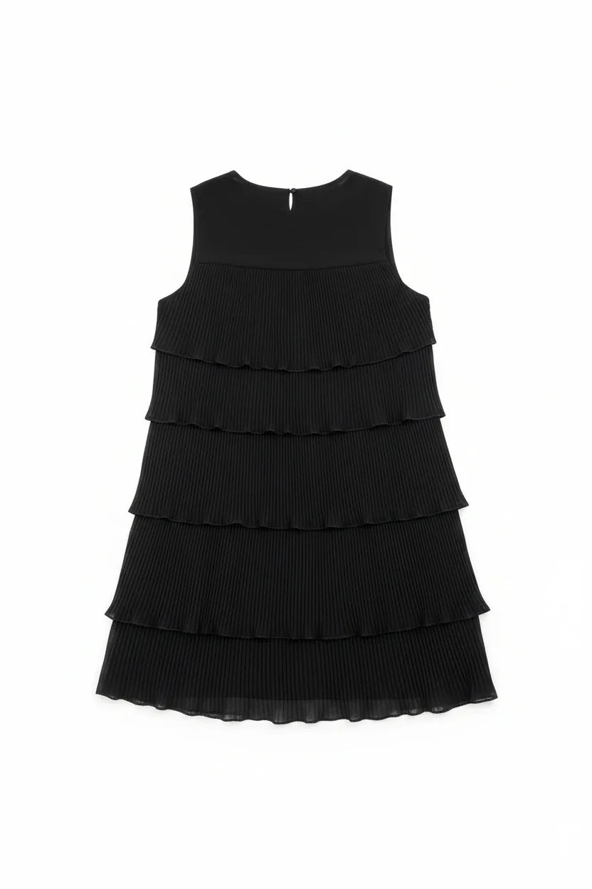 Black Tiered Pleated Dress UK | One Size Fits 8-14 | Sleeveless Party Dress - Ivory Luxe