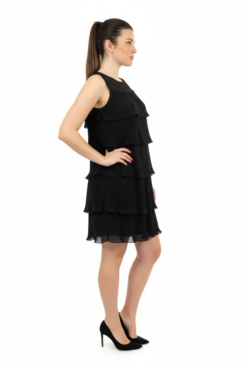Black Tiered Pleated Dress UK | One Size Fits 8-14 | Sleeveless Party Dress - Ivory Luxe