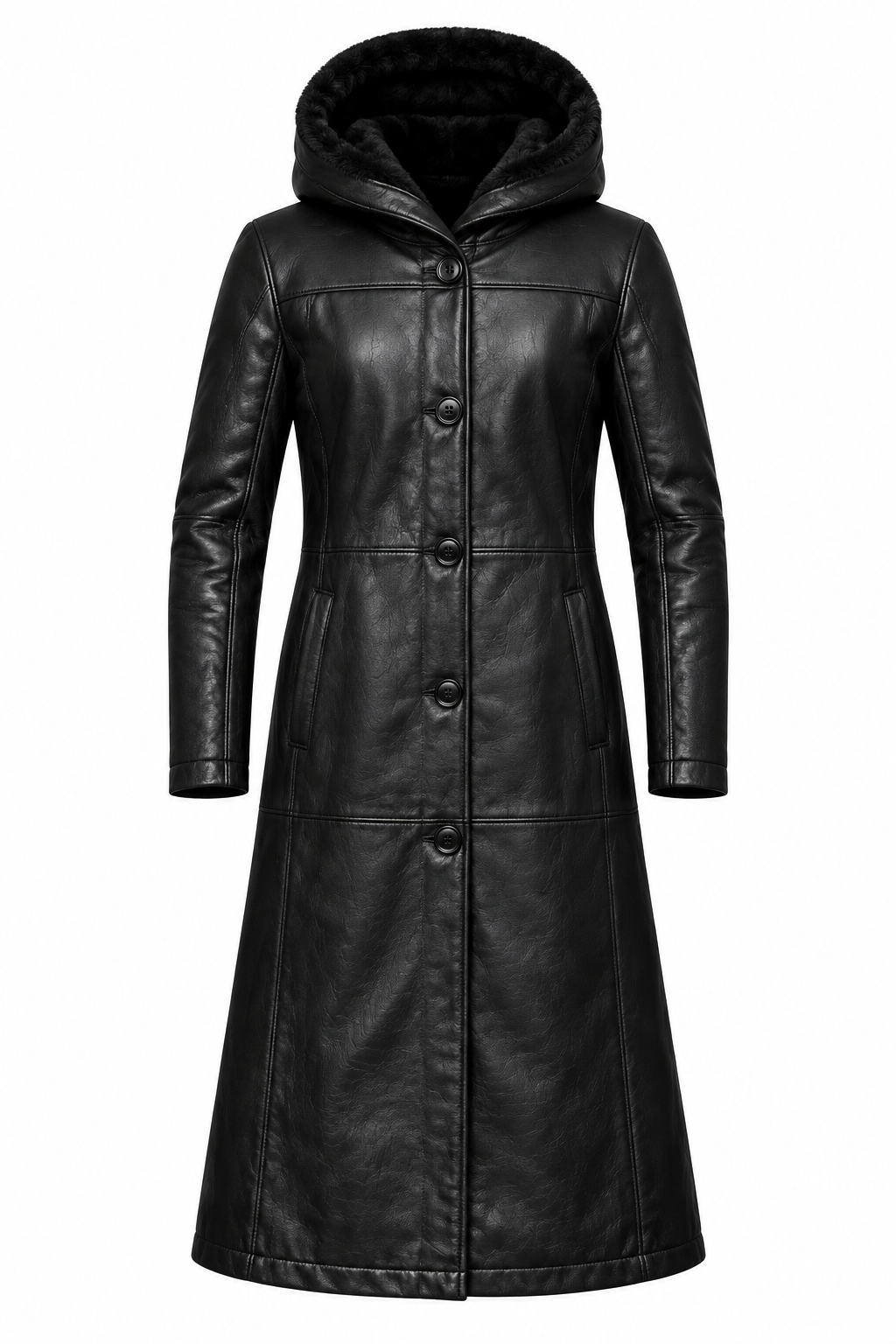 Black hooded leather coat, product view 3