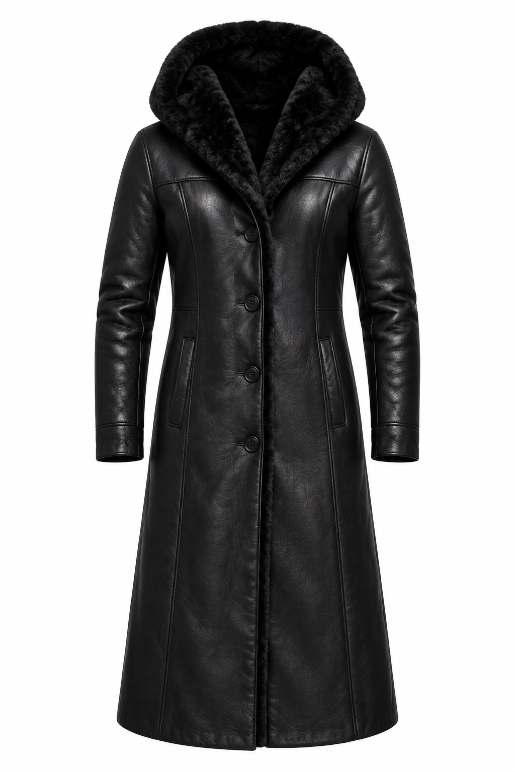 Black hooded leather coat, product view 4