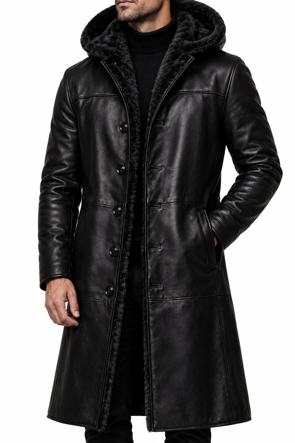 Black hooded leather coat with a different model, view 1