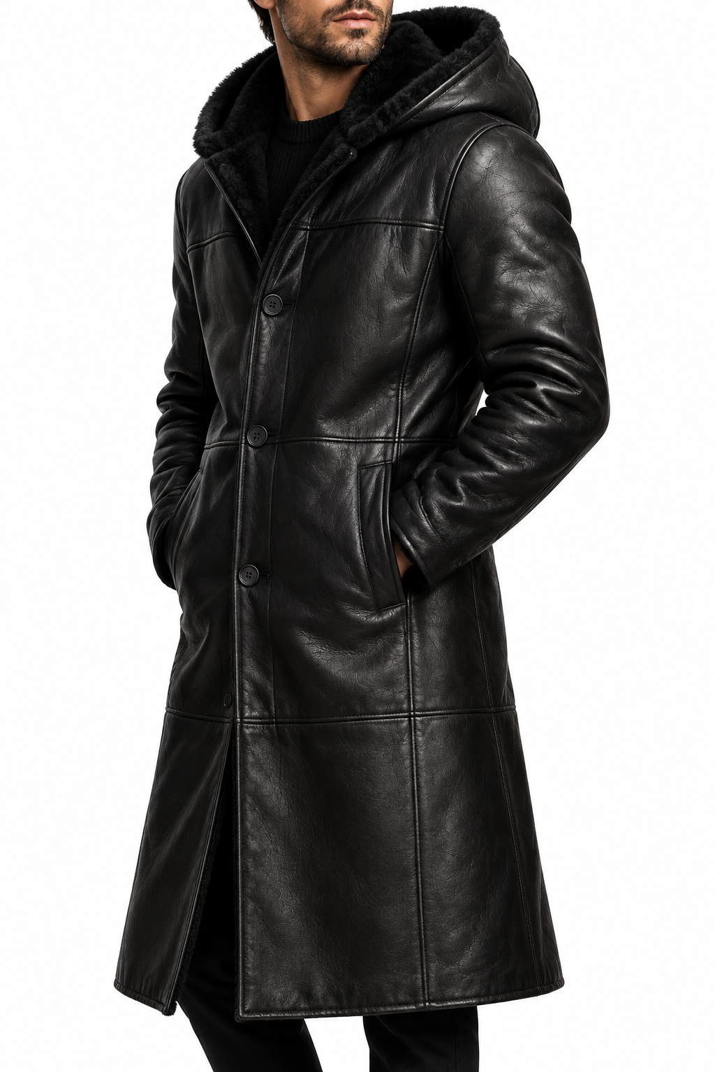 Black hooded leather coat with a different model, view 2