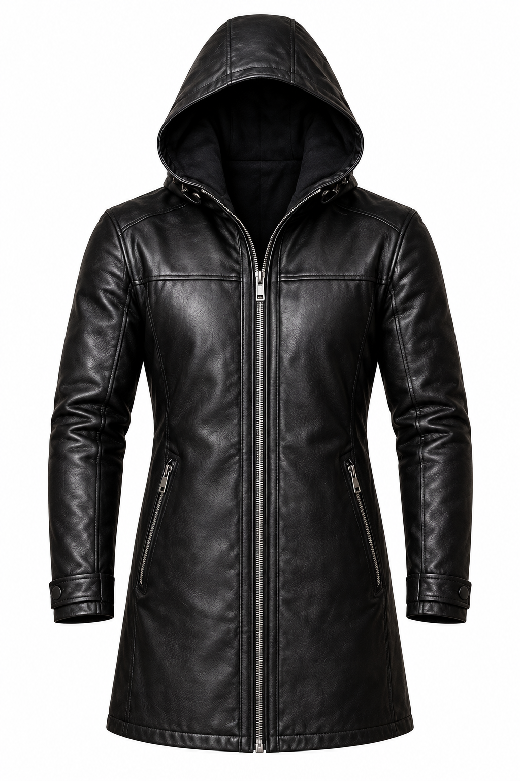 Black hooded leather jacket, product view 2