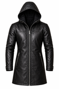 Black hooded leather jacket, product view 2