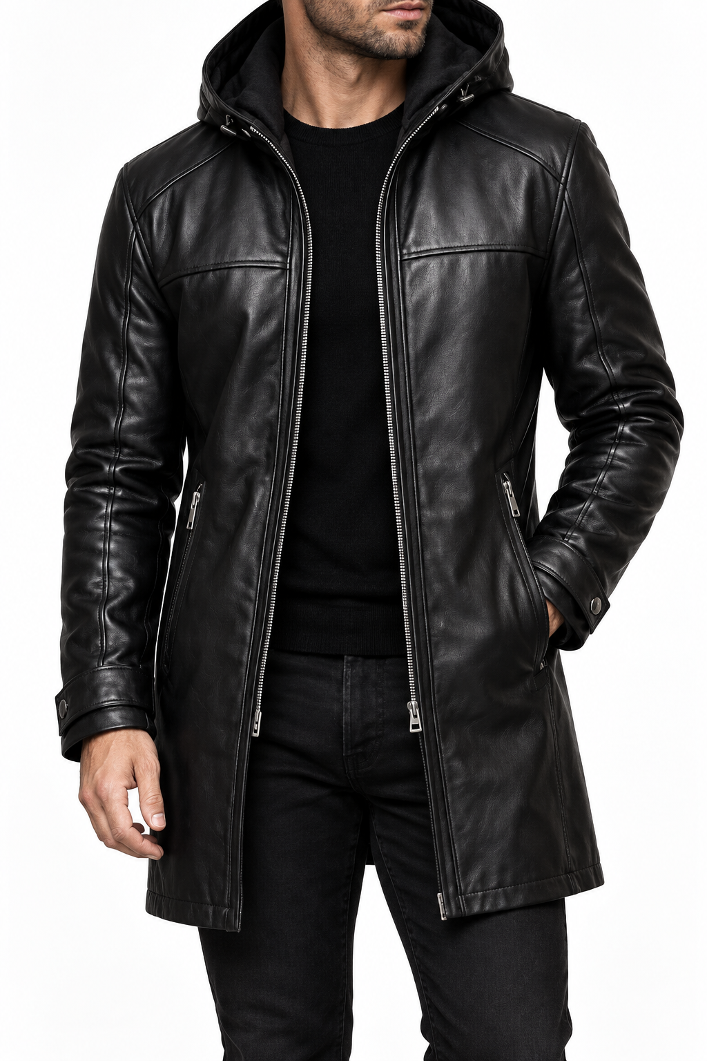Black hooded leather jacket with a different model, view 1