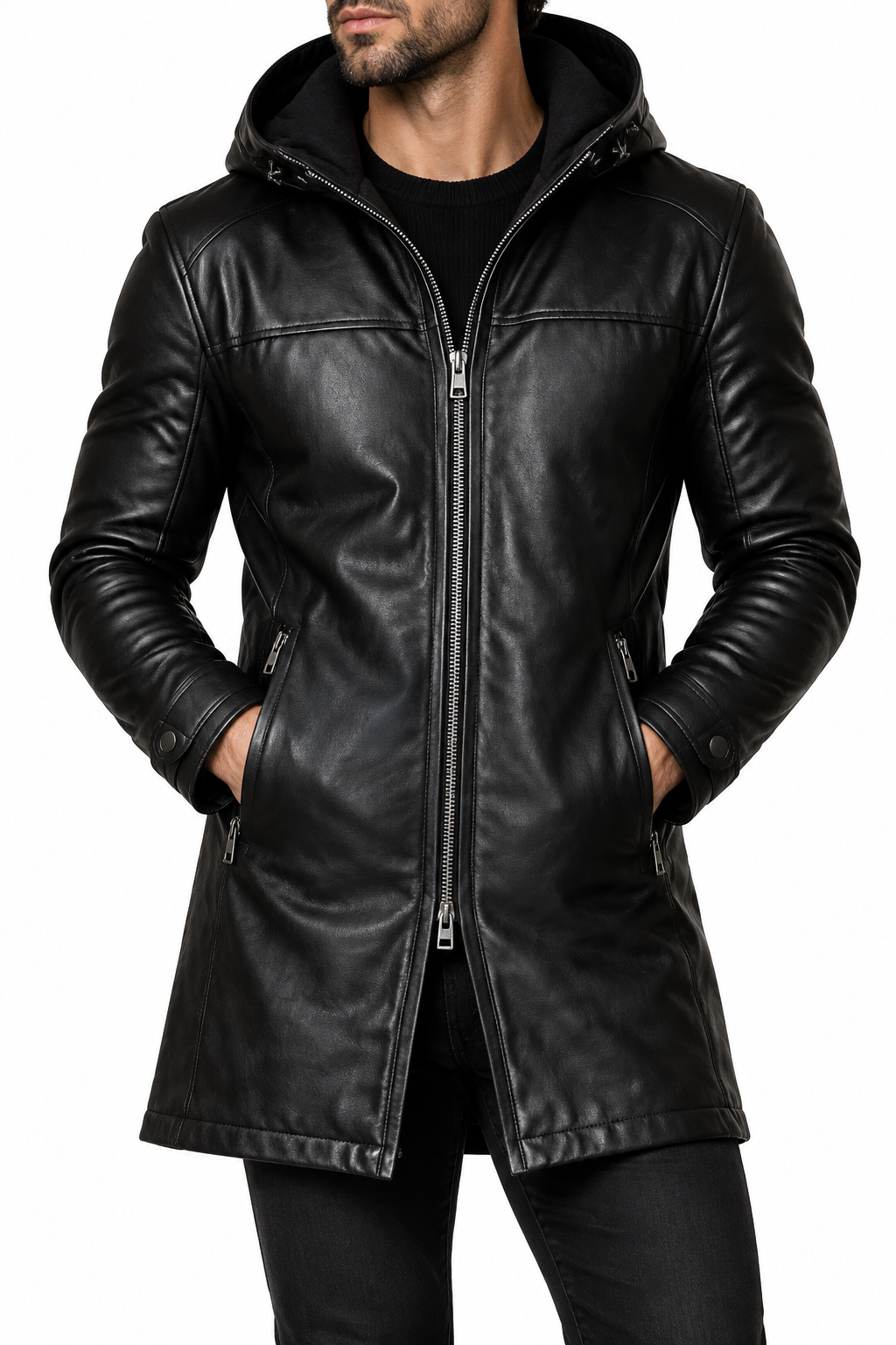 Black hooded leather jacket with a different model, view 2
