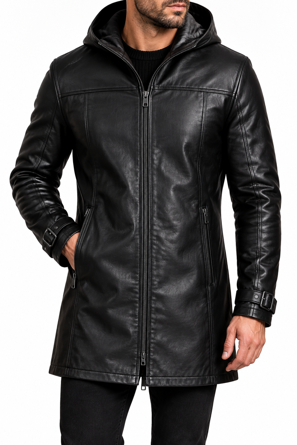 Black hooded leather jacket with a different model, view 3