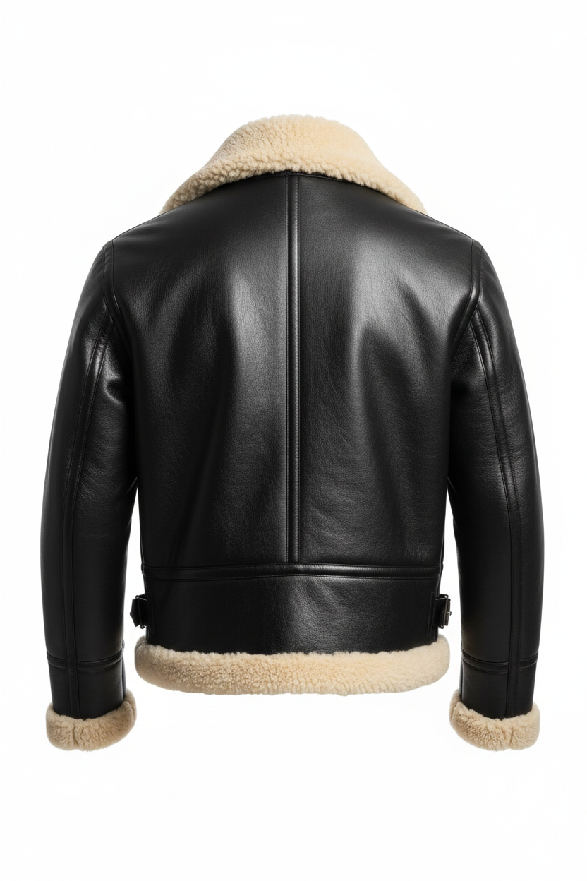 Black Leather Shearling Jacket – Back