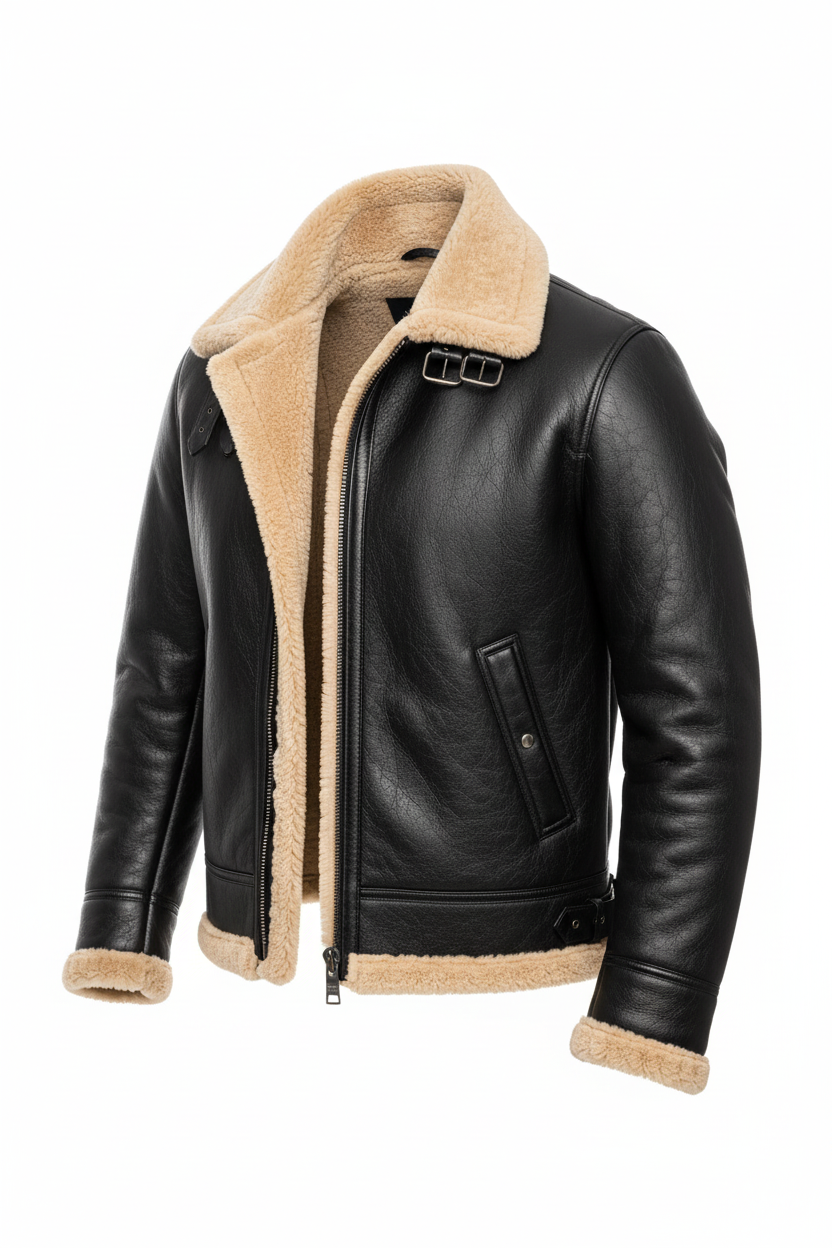 Black Leather Shearling Jacket – Open