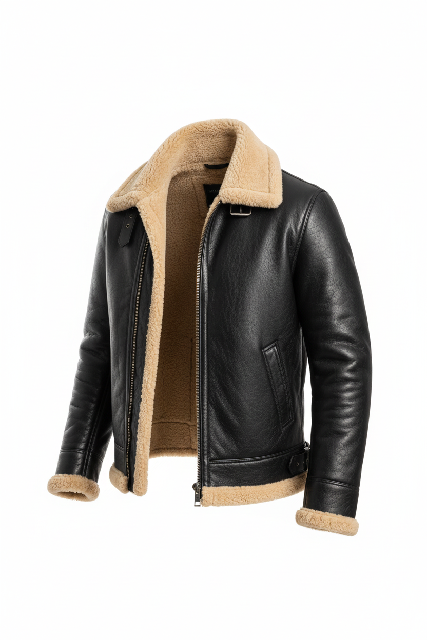 Black Leather Shearling Jacket – Side