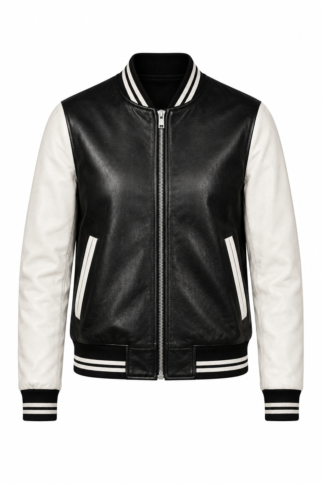 Black leather varsity jacket, product view 1