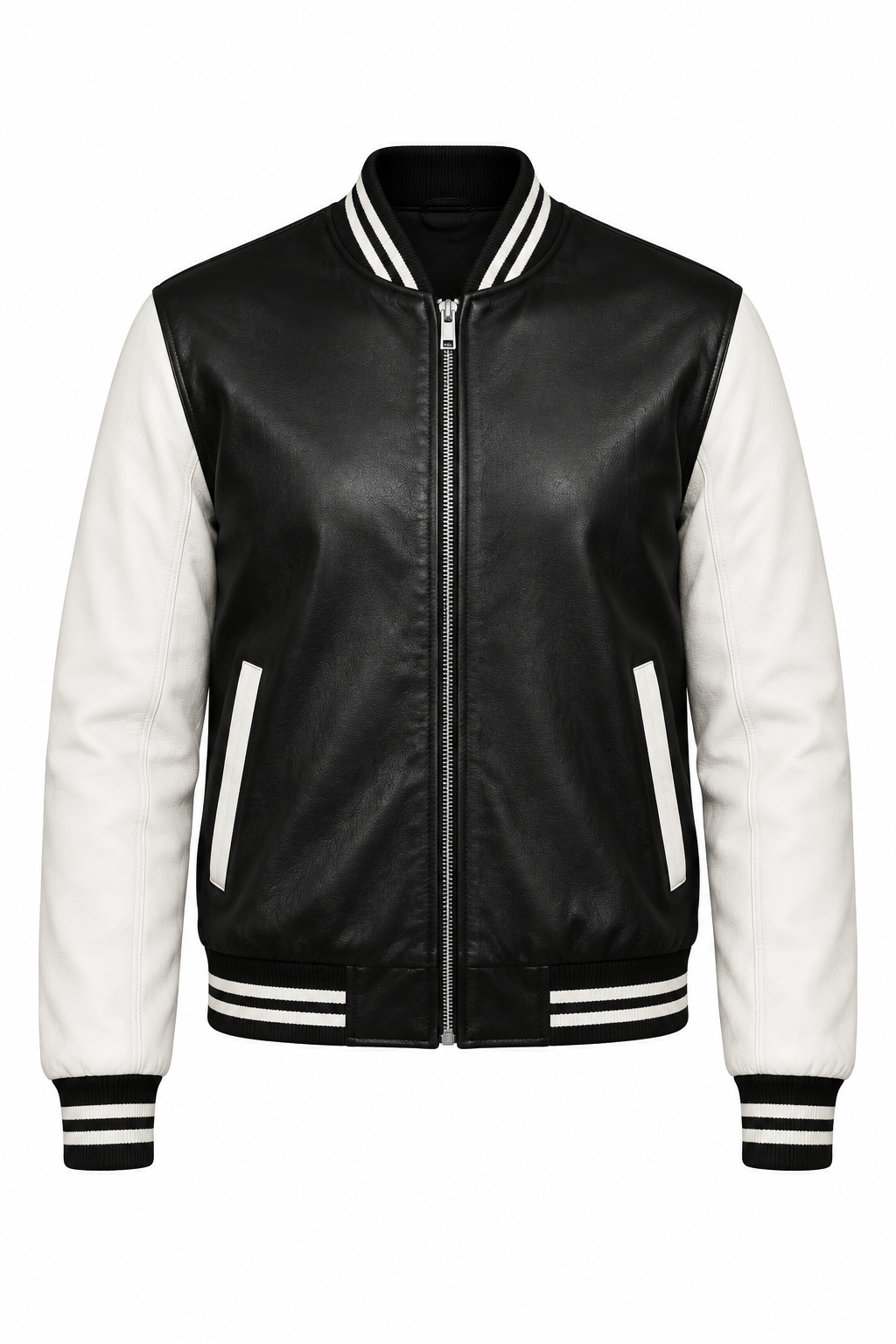 Black leather varsity jacket, product view 2