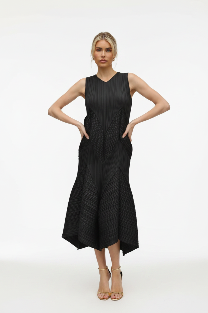 Black Pleated Midi Dress - Model on White Background