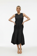 Black Pleated Midi Dress - Model on White Background