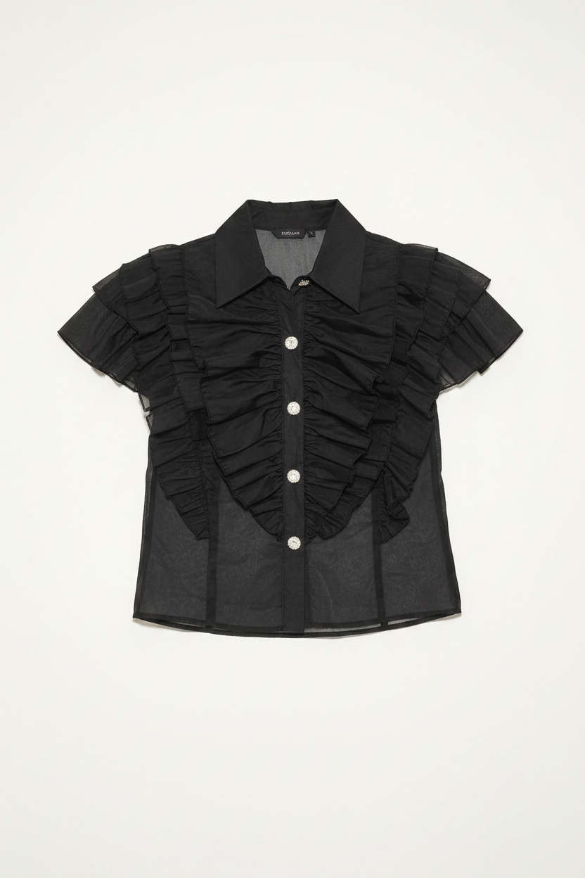 Black Ruffle Blouse Flat Lay