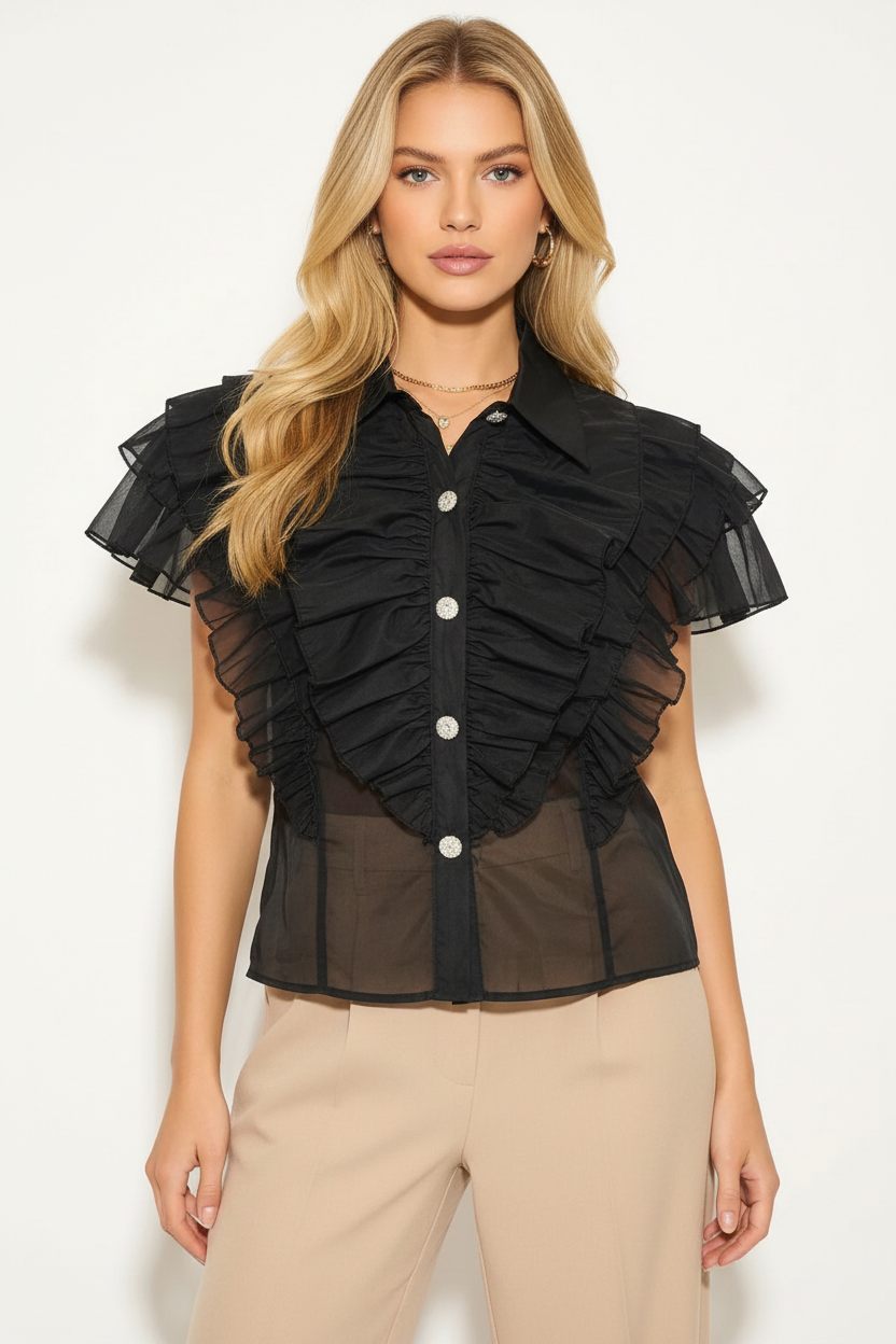 Black Ruffle Blouse New Model Front