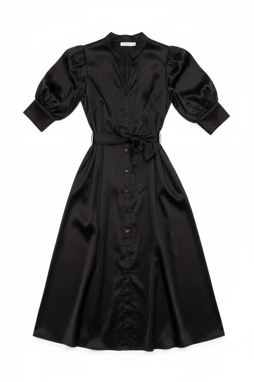 Cotton Puff Sleeve Midi Dress with Belt - One Size UK 8-14 - Ivory Luxe