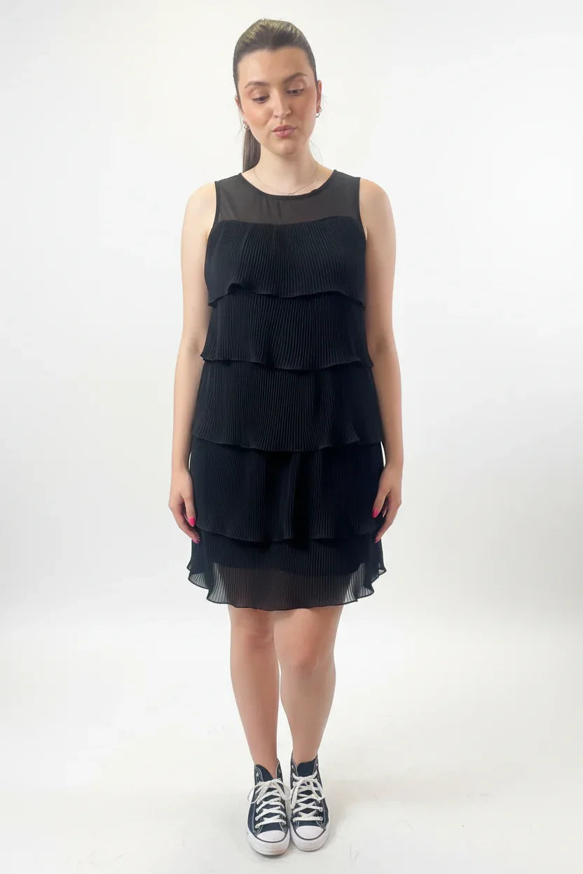 Black Tiered Pleated Dress UK | One Size Fits 8-14 | Sleeveless Party Dress - Ivory Luxe