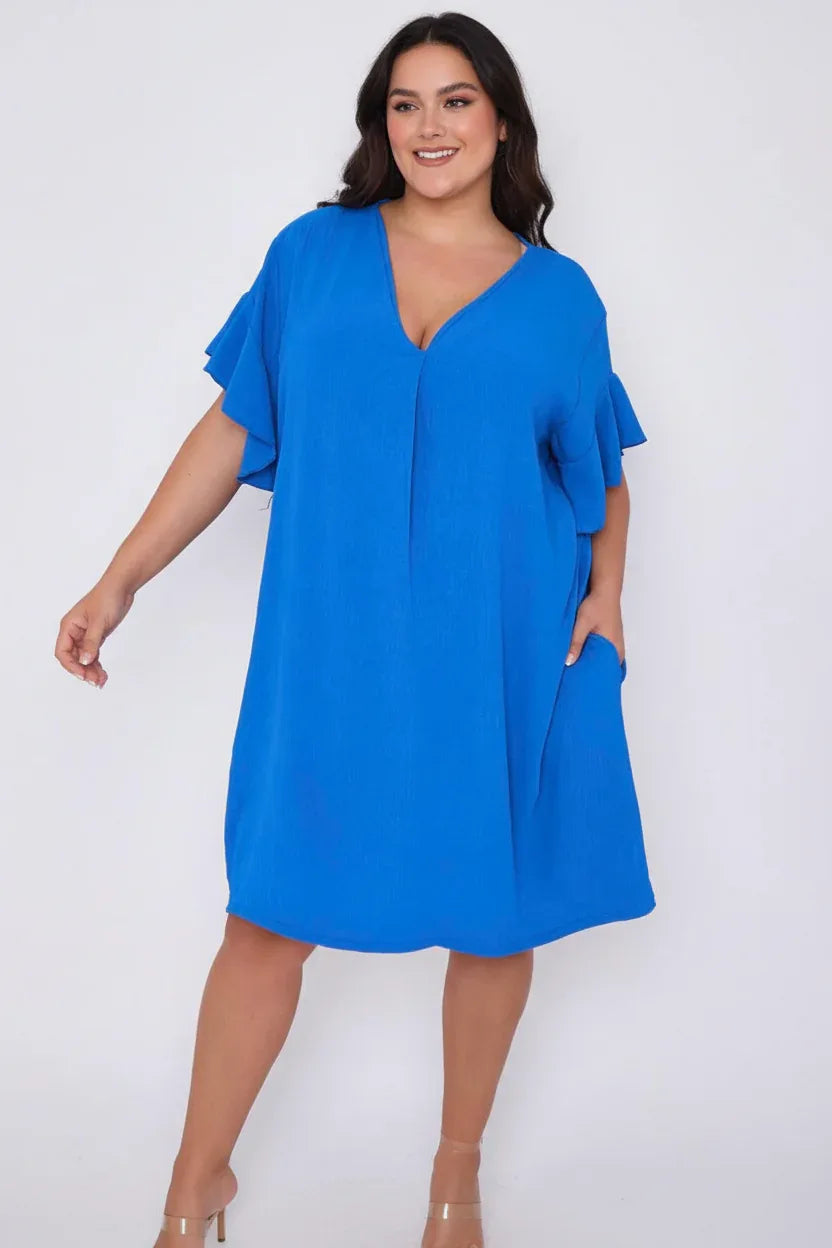 Royal Blue Flutter Sleeve Dress Plus Size UK 16-22 | V-Neck Curve Midi Dress - Ivory Luxe
