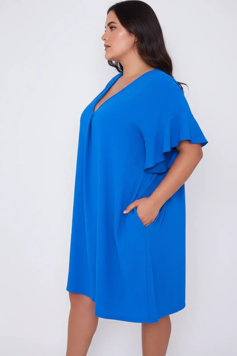 Royal Blue Flutter Sleeve Dress Plus Size UK 16-22 | V-Neck Curve Midi Dress - Ivory Luxe