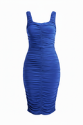 Blue ruched dress portrait