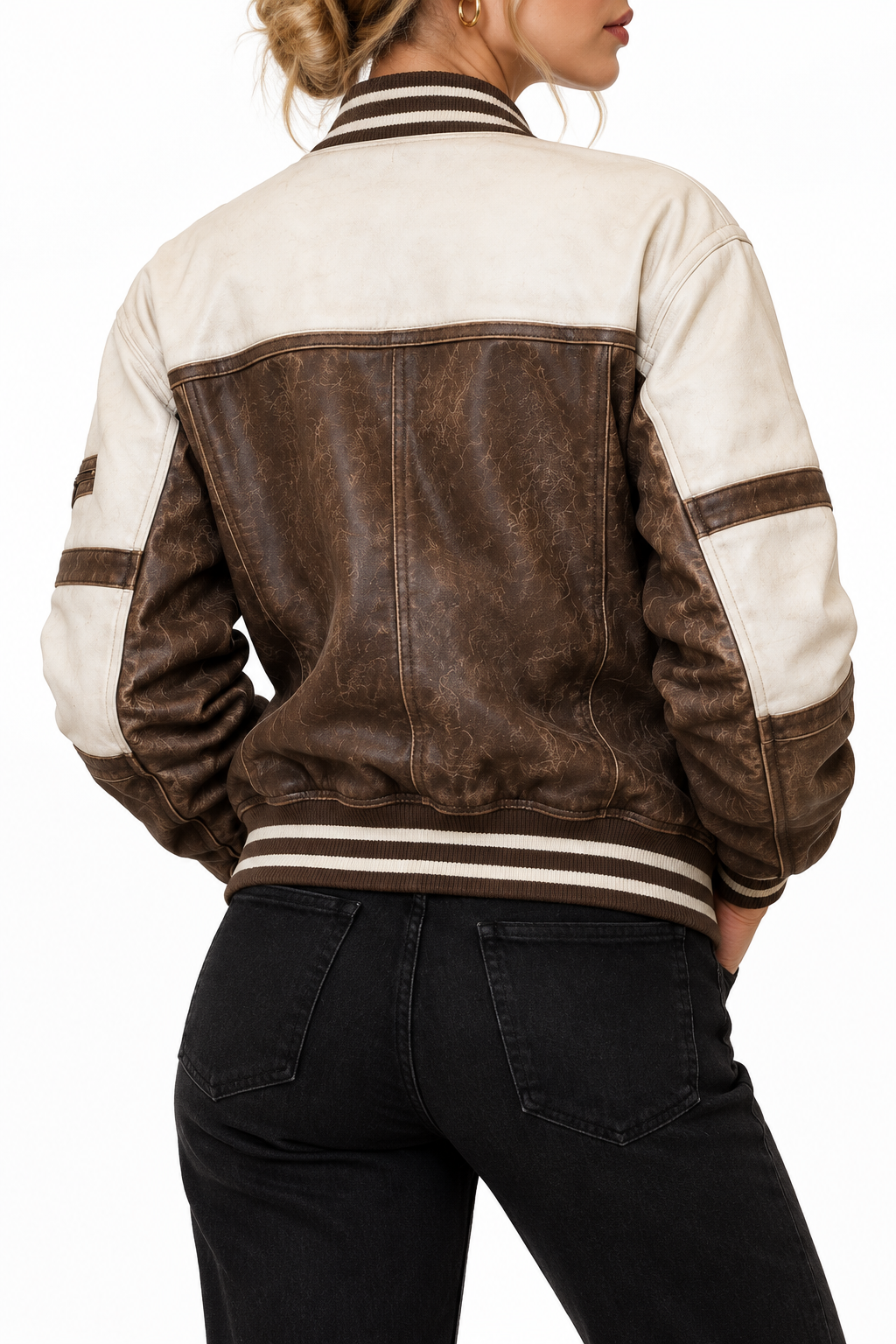 Brown and cream varsity jacket, back view with a different model